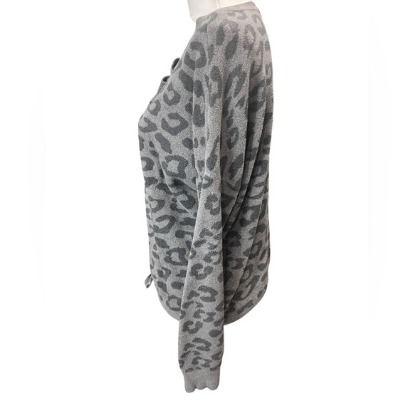 Barefoot Dreams CozyChic Ultra Lite Leopard Print Tie Hem Pullover Sweater Gray - Picture 5 of 11